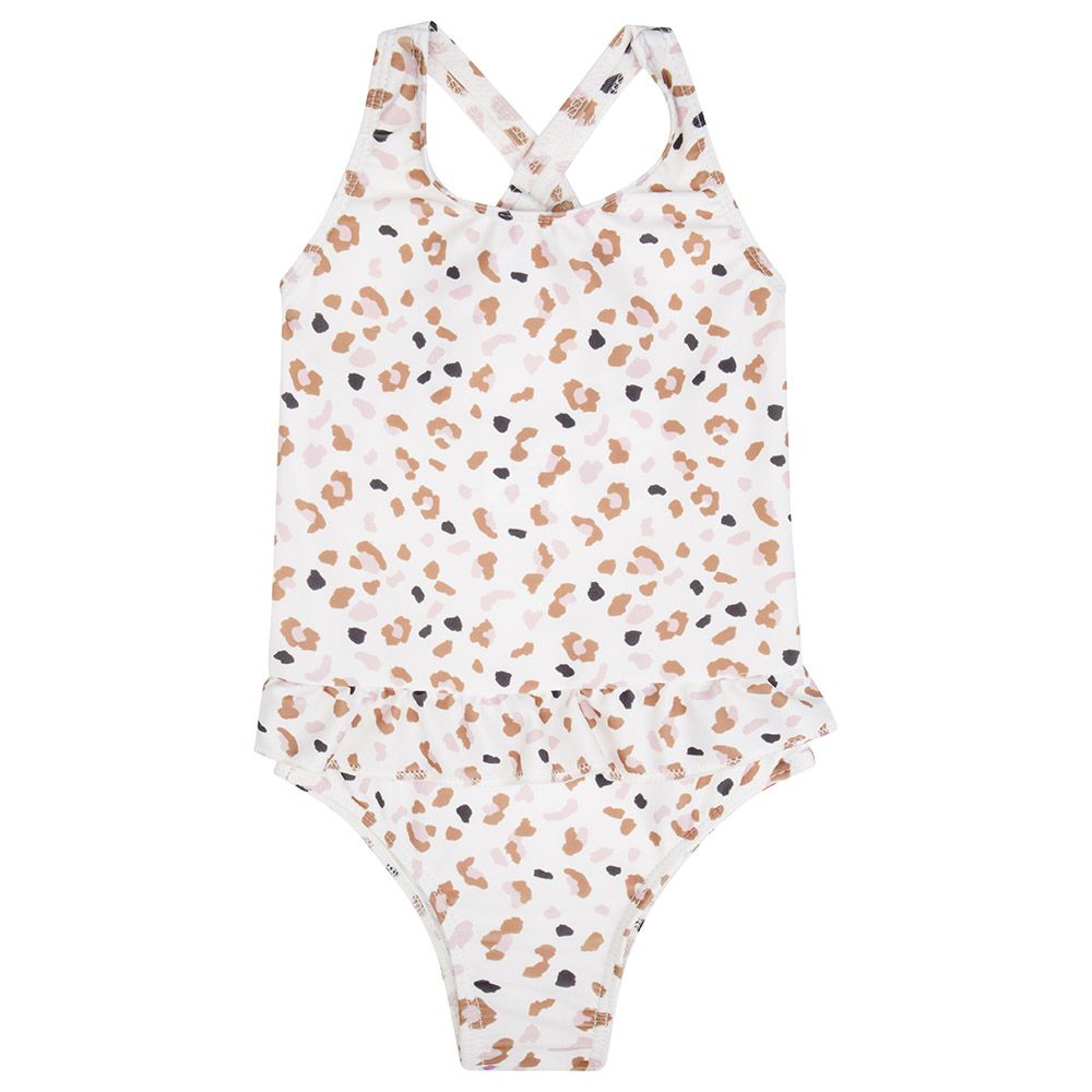 Swim Essentials - Kaki Leopard All Over Girls Bathing Suit - Off-White