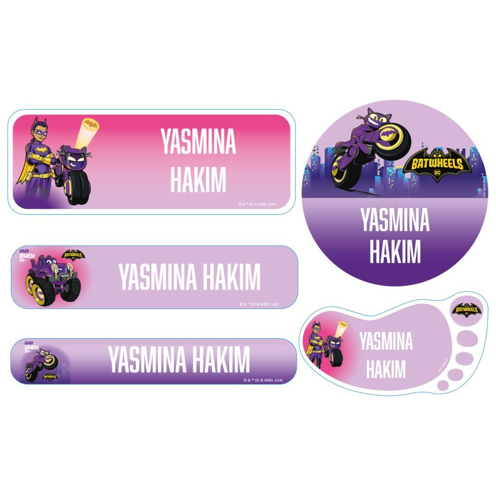 Essmak - Personalised Batwheels Labels - Pink/Purple - 74pcs