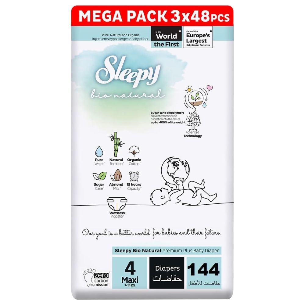 Sleepy - Bio Natural Premium Diapers - Size 4 - 7-14 Kg - 144 Count