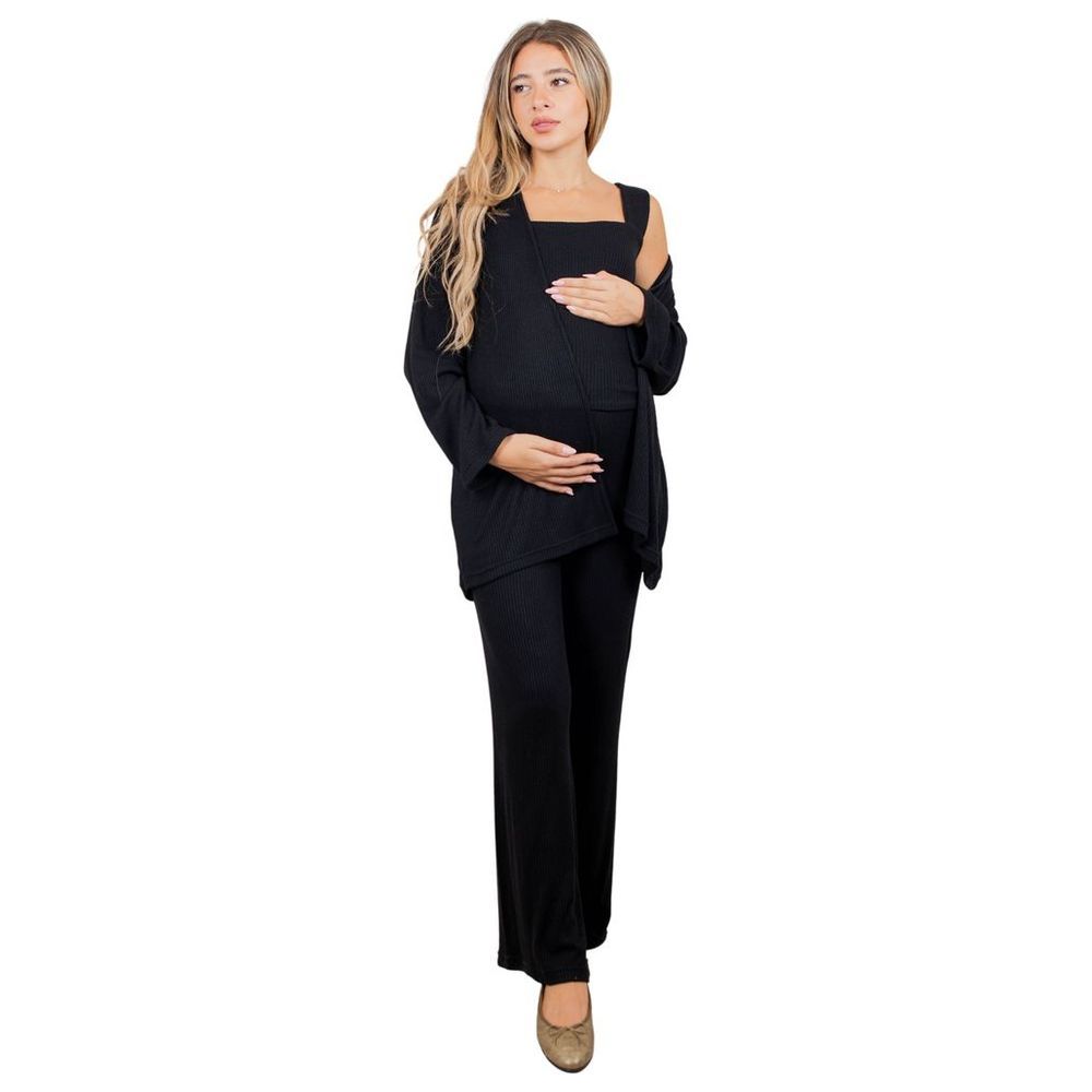 Oh9shop - 3pc-Set - Cloe Ribbed Cardigan w/ Top & Pants - Black