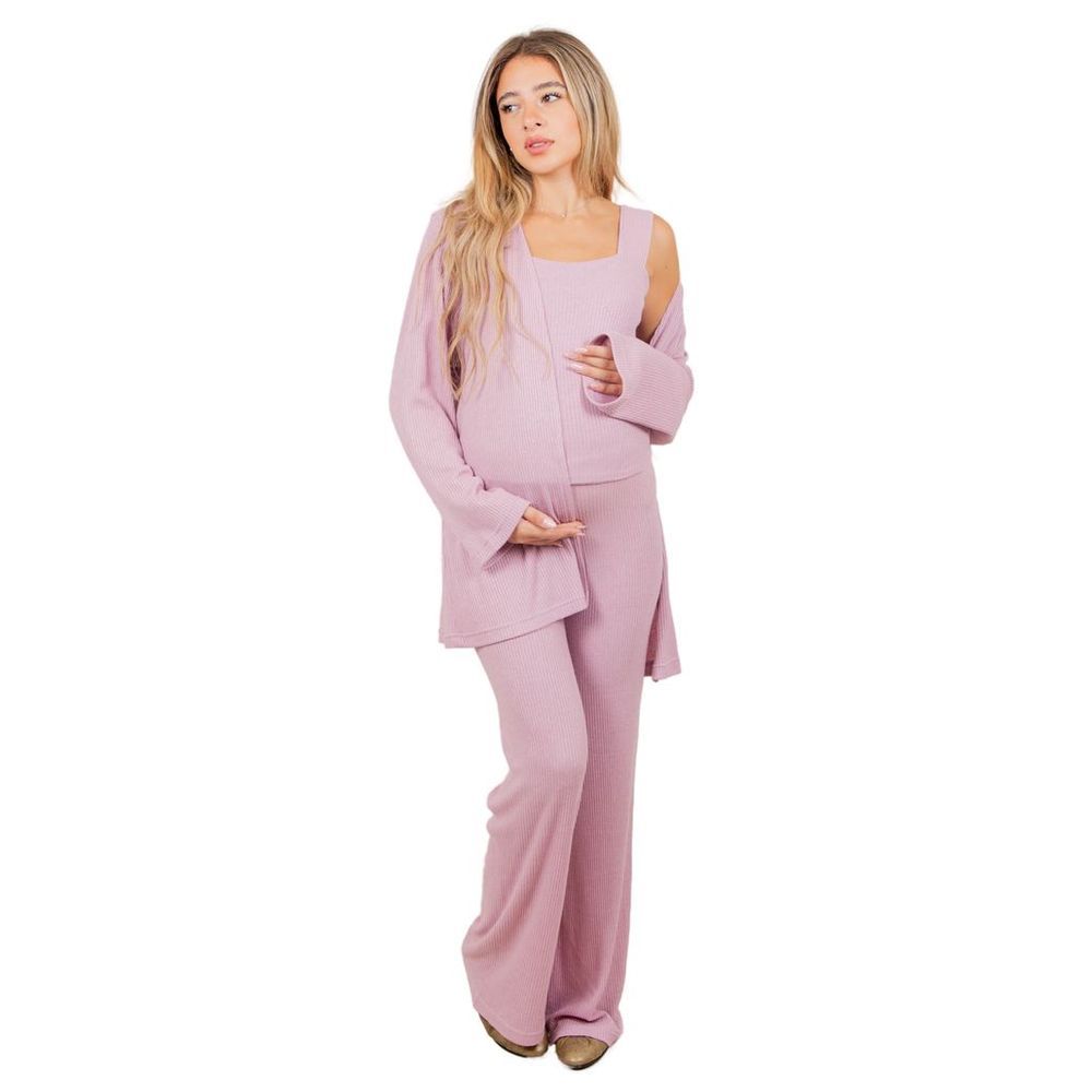 Oh9shop - 3pc-Set - Cloe Ribbed Cardigan w/ Top & Pants - Pink