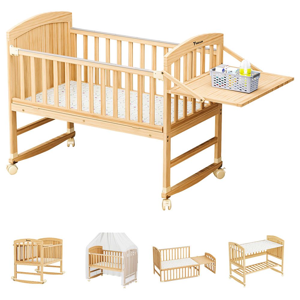 Teknum - 7-in-1 Convertible Kids Bed & Bedside Crib w/ Mattress, Mosquito Net & Detachable Wheels