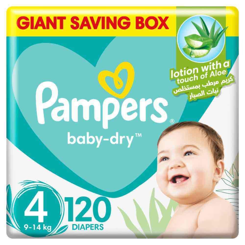 Pampers Baby-Dry Diapers, Size 4, 9-14kg, Up to 100% Leakage Protection Over 12 Hours and Bigger, Wider Sides for Comfort, 120 Baby Diapers