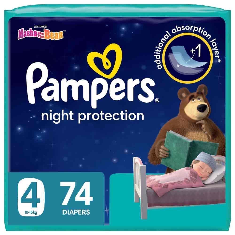 Pampers - Baby-Dry Night Diapers Additional Absorption Layer for Overnight Leakage Protection, Size 4, 10-15kg, 74 Diaper Count