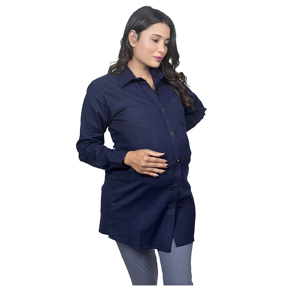 Tummy - Long Denim Maternity Shirt - Dark Blue