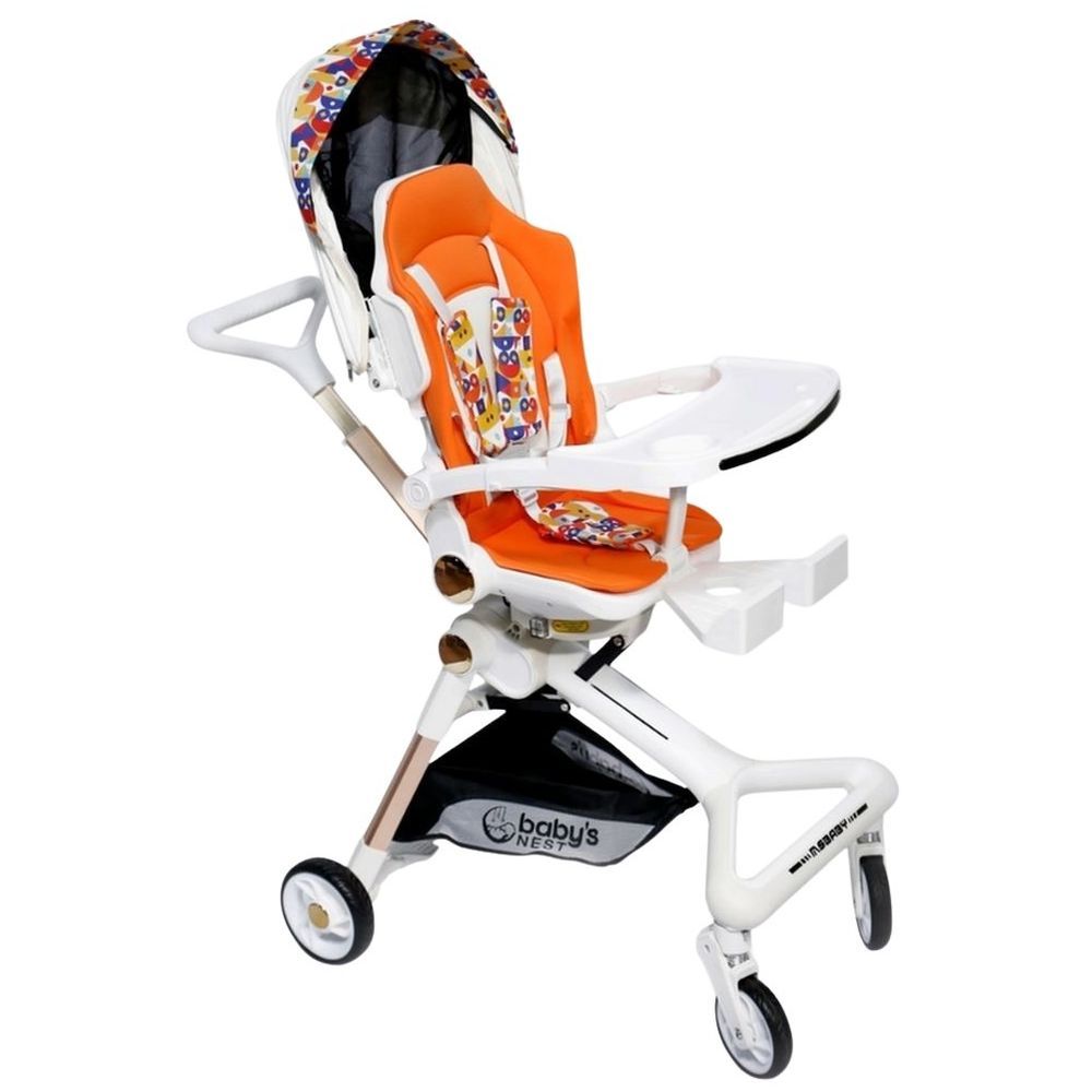 Baby's Nest - 2-In-1 Swivel Baby Stroller - White With Orange