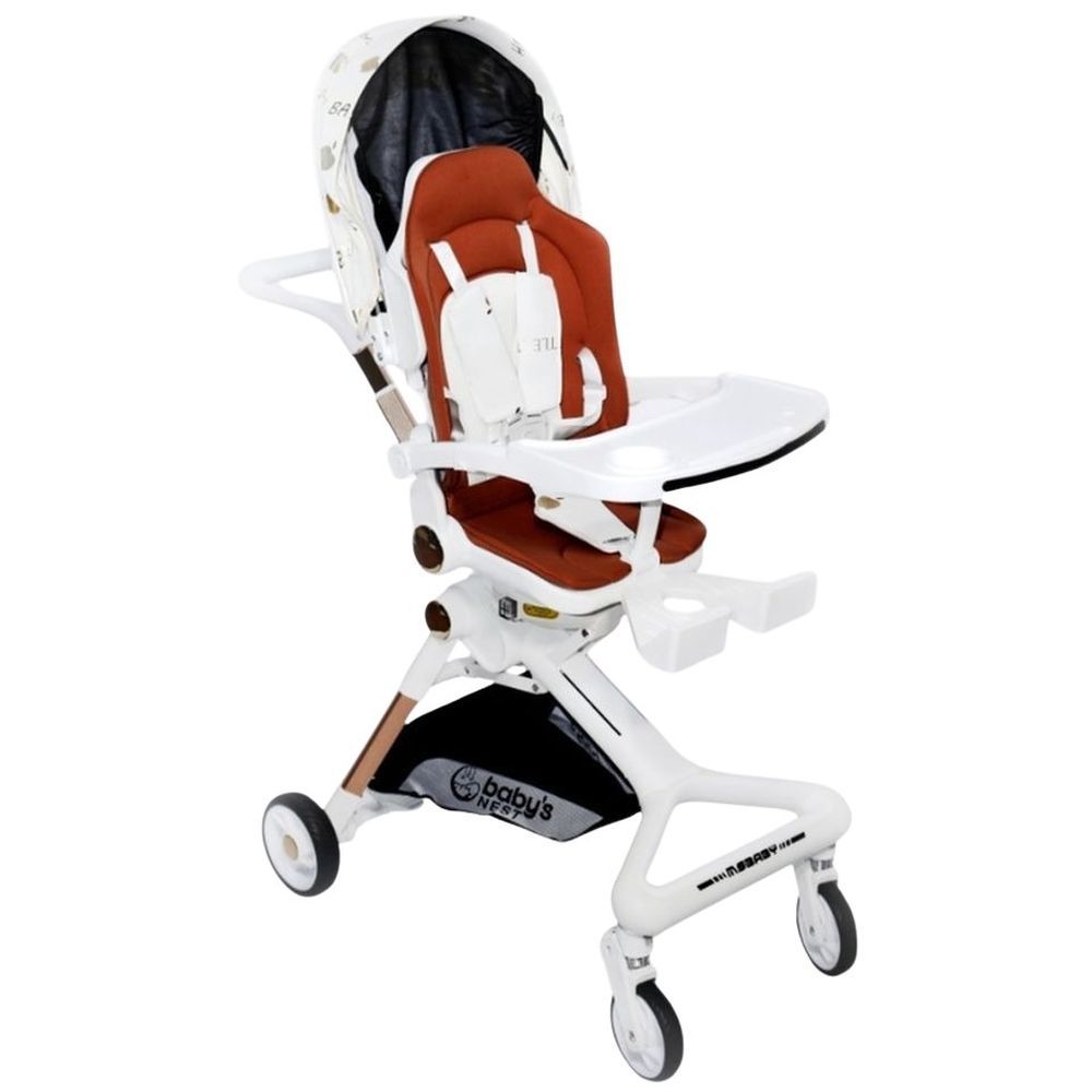 Baby's Nest - 2-In-1 Swivel Baby Stroller - White With Brown