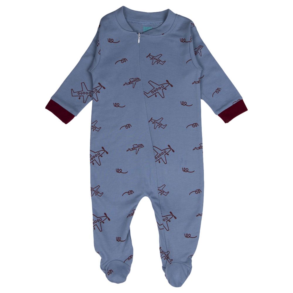 Babies Basic - 100% Cotton Long Sleeves Footed Sleepsuit - Sky Blue