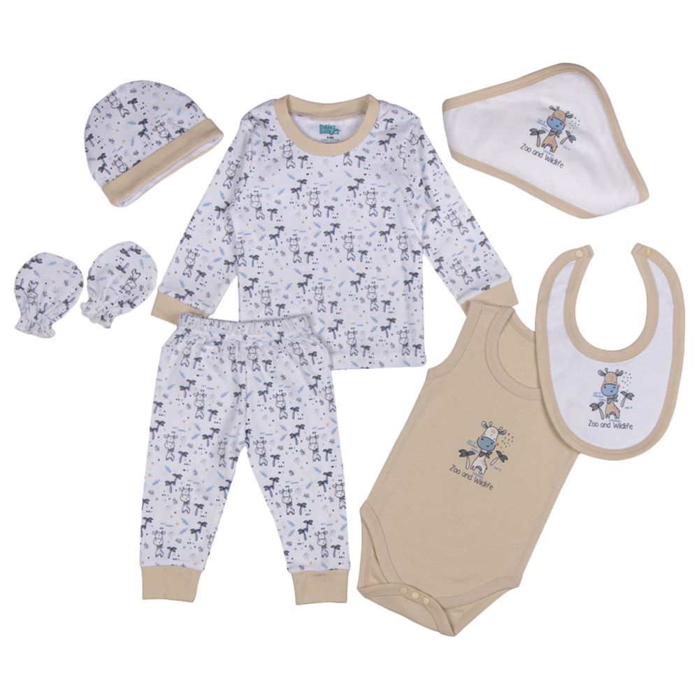 Babies Basic - 7pc-Set - Unisex 100% Cotton Gift Set - Brown/White