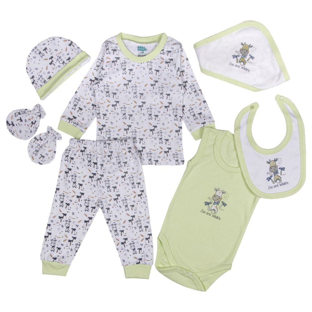 Babies Basic - 7pc-Set - Unisex 100% Cotton Gift Set - Green/White