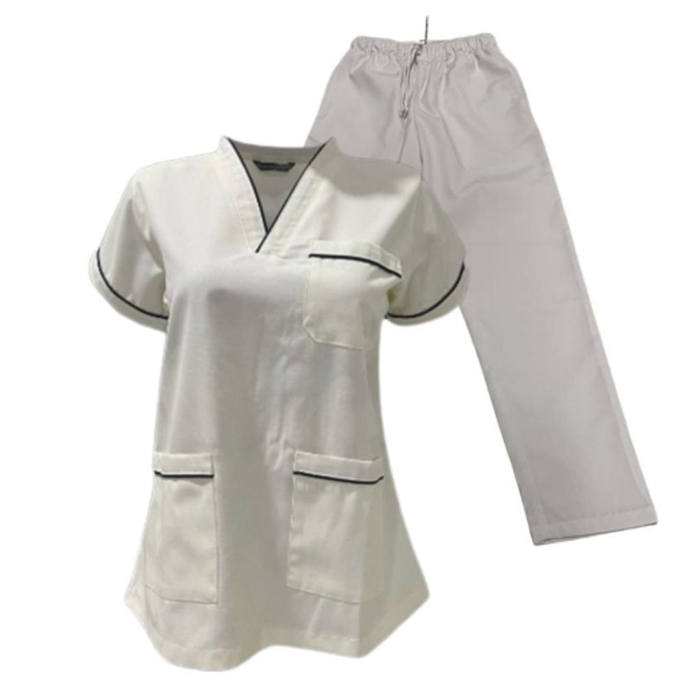 Veronica - 2pc-Set - Scrub Uniform w/ Piping Neckline - White