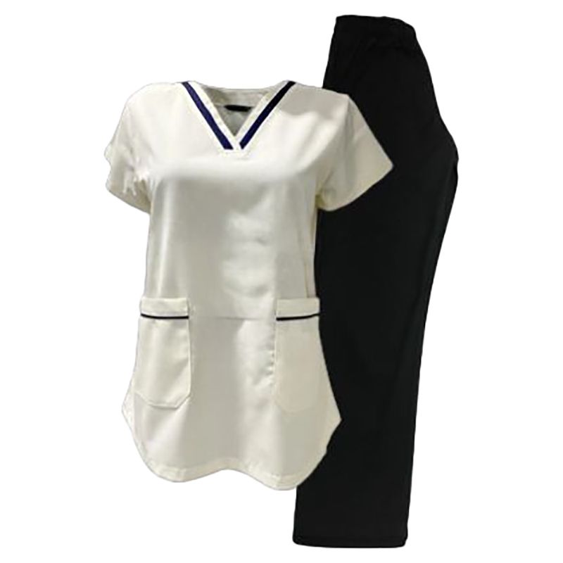 Veronica - 2pc-Set - V-Neck Scrub Uniform w/ 2 Pockets - White/Black