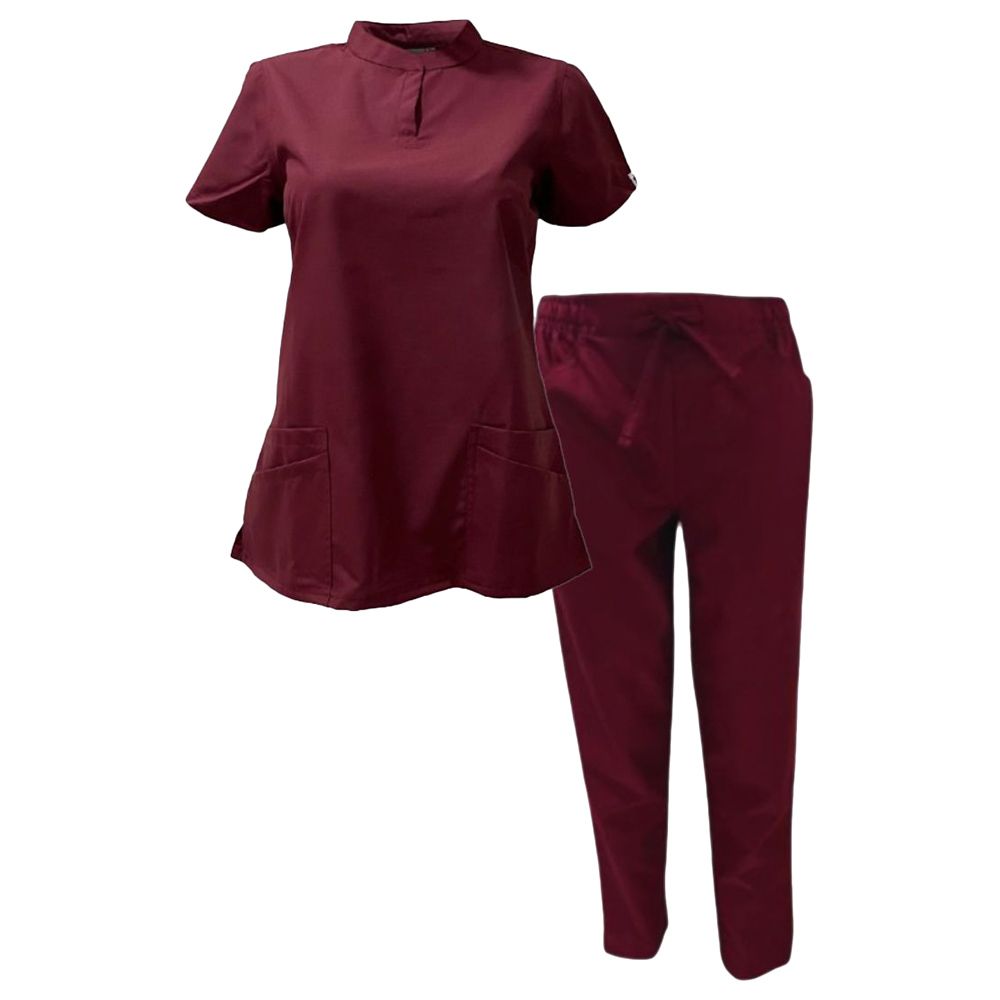 Veronica - 2pc-Set - Women Poly Viscose Chinese Collar Scrub Set -Maroon