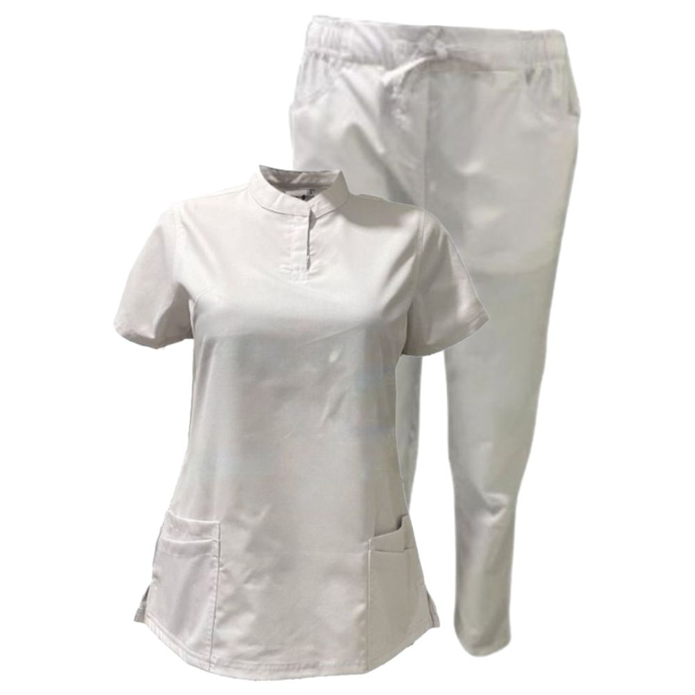 Veronica - 2pc-Set - Women Poly Viscose Chinese Collar Scrub Set - White