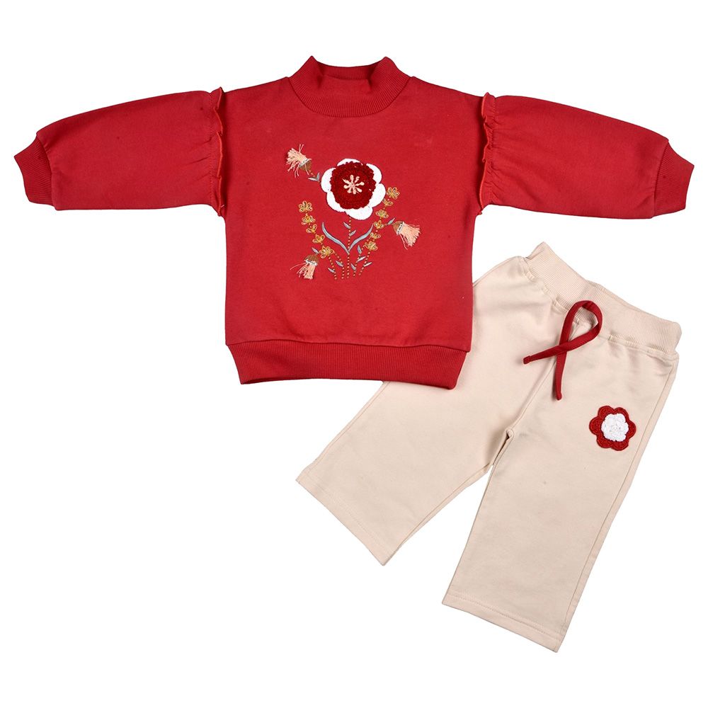 Smart Baby - 2pc-Set - Baby Girl Sweatshirt And Joggers - Red/Cream