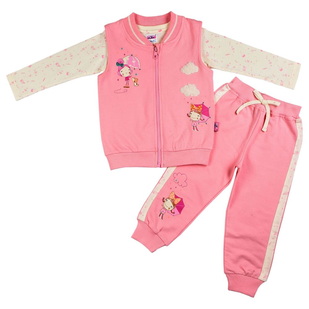 Smart Baby - 3pc-Set - Baby Girl Shirt, Rib Jacket And Joggers - Mid Pink