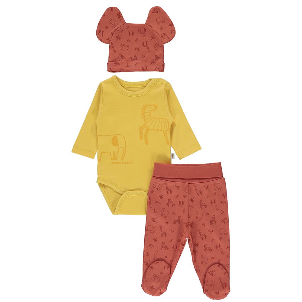 Bebetto - 3pc-Set - Baby Boy Bodysuit Set - Brick Red/Yellow