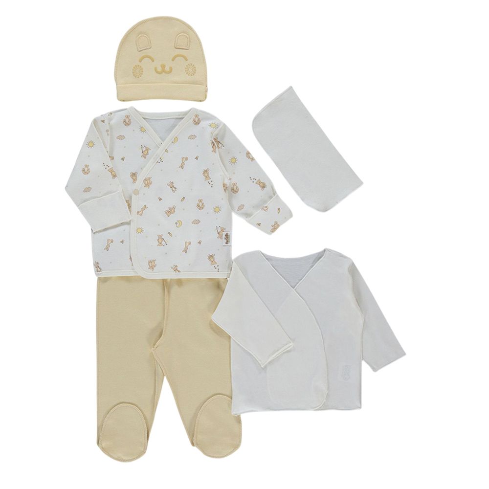 Bebetto - 4pc-Set - Baby Girls Top Bottom Layette Set - Beige/White