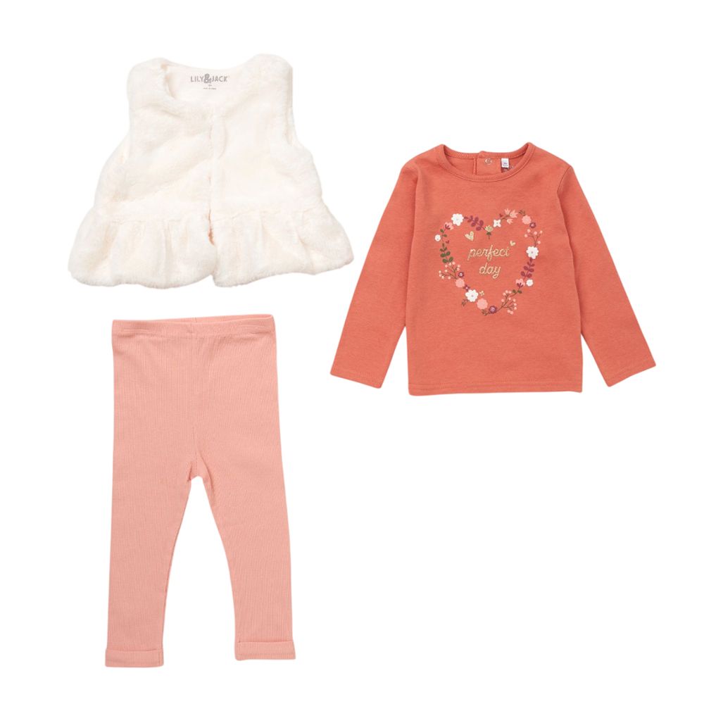 Lily & Jack - 3pc-Set - Baby Girl Top w/ Pants & Waist Coat - Coral/White