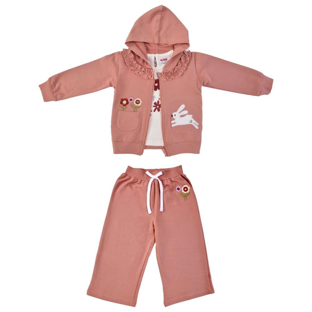 Smart Baby - 3pc-Set - Baby Girl Hooded Jacket w/ T-Shirt & Jogger - Dull Rose