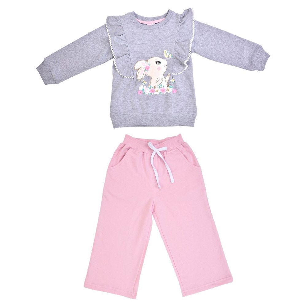 Smart Baby - 2pc-Set - Baby Girl Round Neck Sweatshirt w/ Jogger - Milange