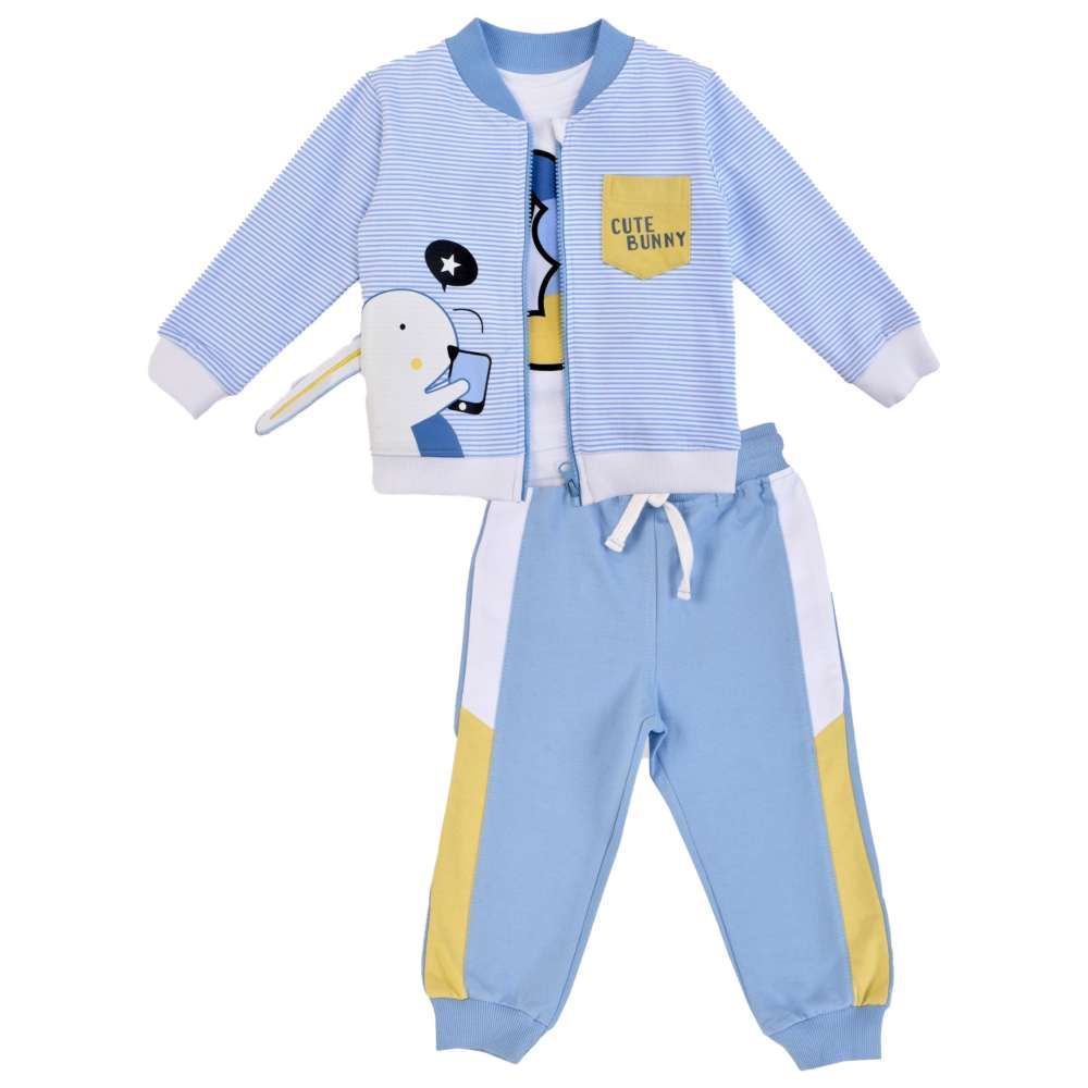 Smart Baby - 3pc-Set - Baby Boy Henley Neck Jacket w/ T-Shirt & Jogger - Blue/White