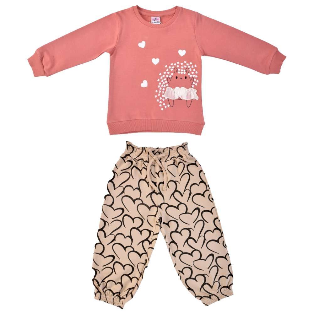 Smart Baby - 2pc-Set - Baby Girl Round Neck Sweatshirt w/ Jogger - Beige/Pink