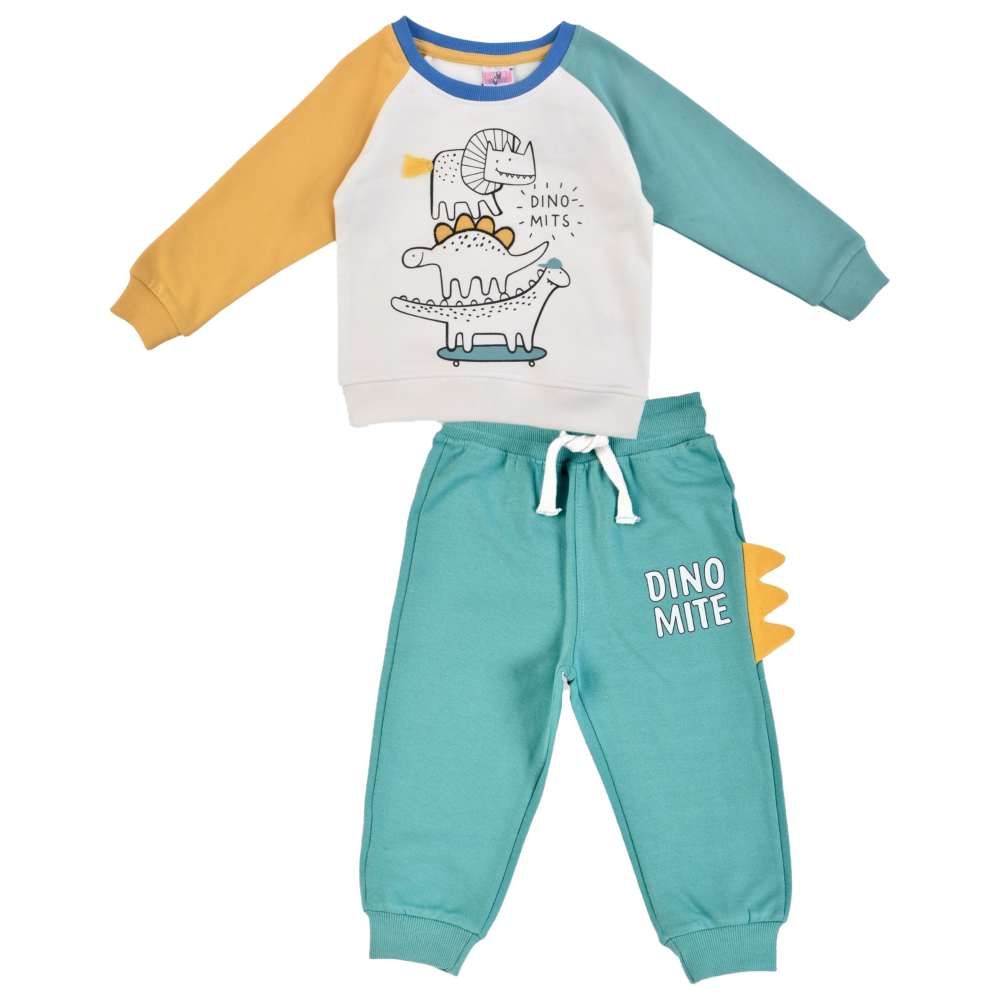 Smart Baby - 2pc-Set - Baby Boy Round Neck Sweatshirt w/ Jogger - White/Green