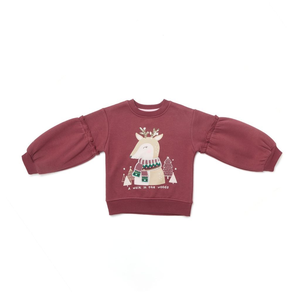 Little Kangaroos - Girl Reindeer Print Sweatshirt - Plum