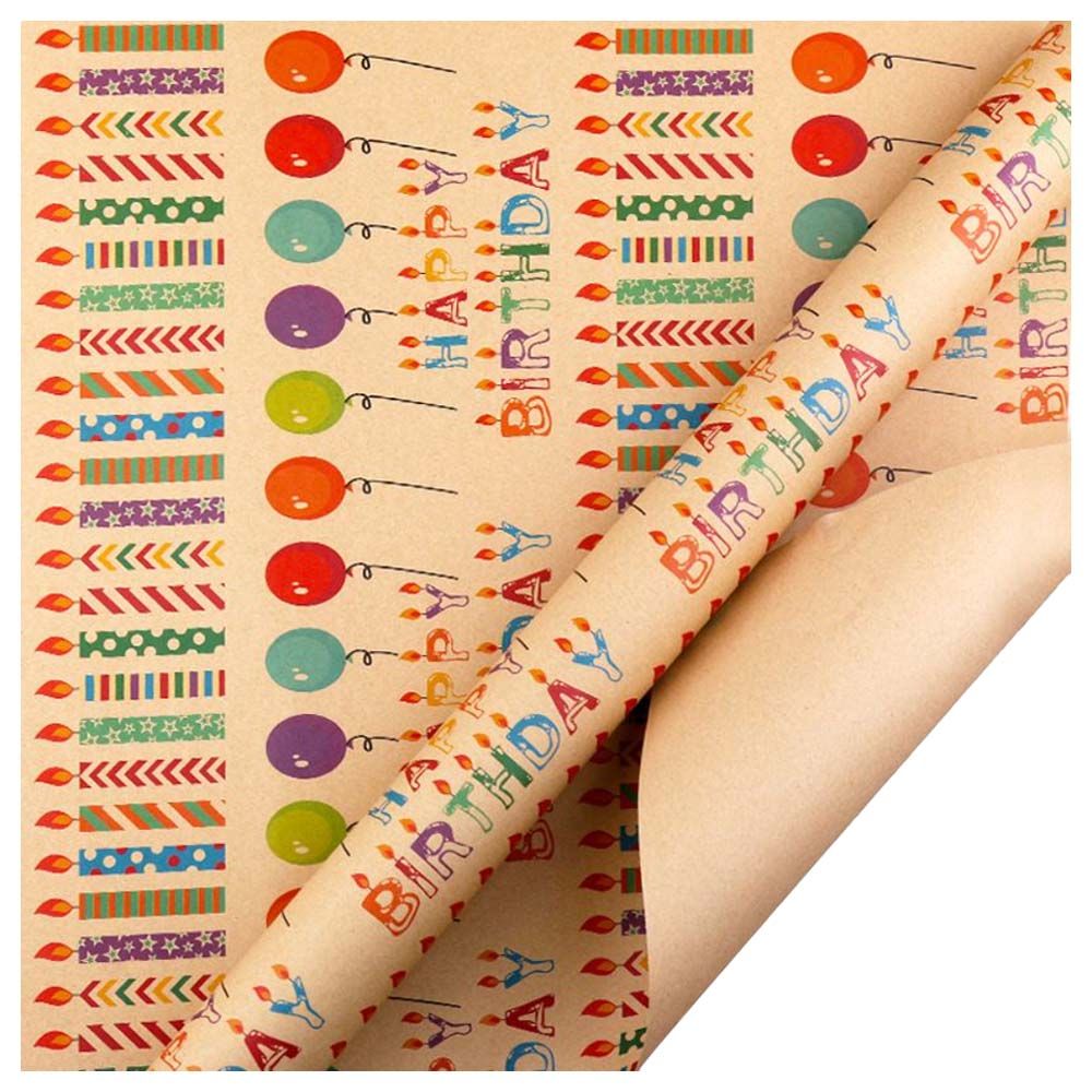 Long Sun - Happy Birthday w/ Printed Candle & Balloon Kraft Wrapping Paper - 6pcs