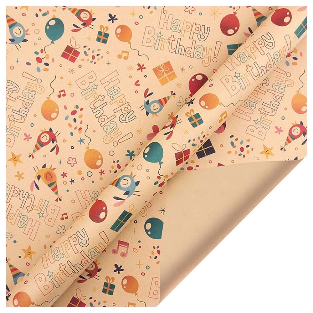 Long Sun - Happy Birthday w/ Bird Printed Kraft Wrapping Paper - 6pcs