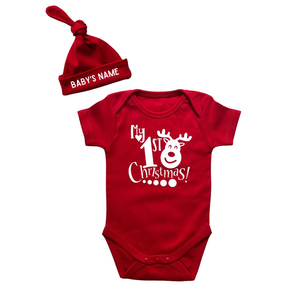 Impressions - My First Christmas Customized Beanie Onesies Set - Reindeer - Red