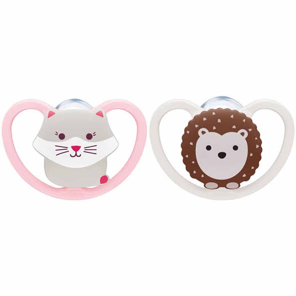 NUK - Animals Space Silicone Soother 0-6m 2pc - Cat & Hedgehog