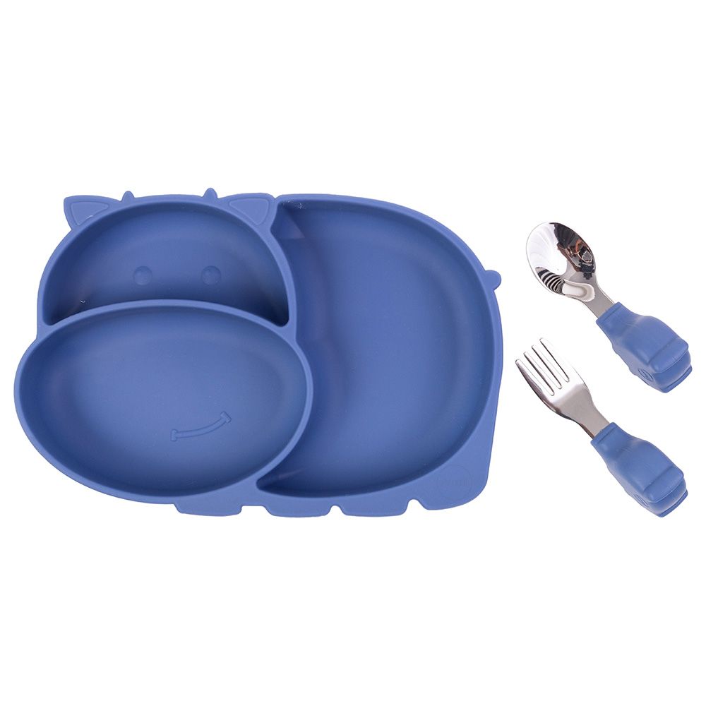 A'ish Home - Kids Amini Hippo Plate w/ Cutlery Set - Dark Blue