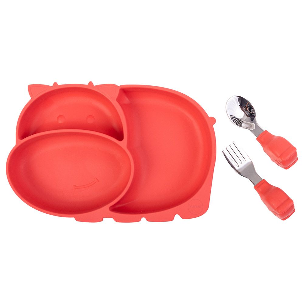 A'ish Home - Kids Amini Hippo Plate w/ Cutlery Set - Red