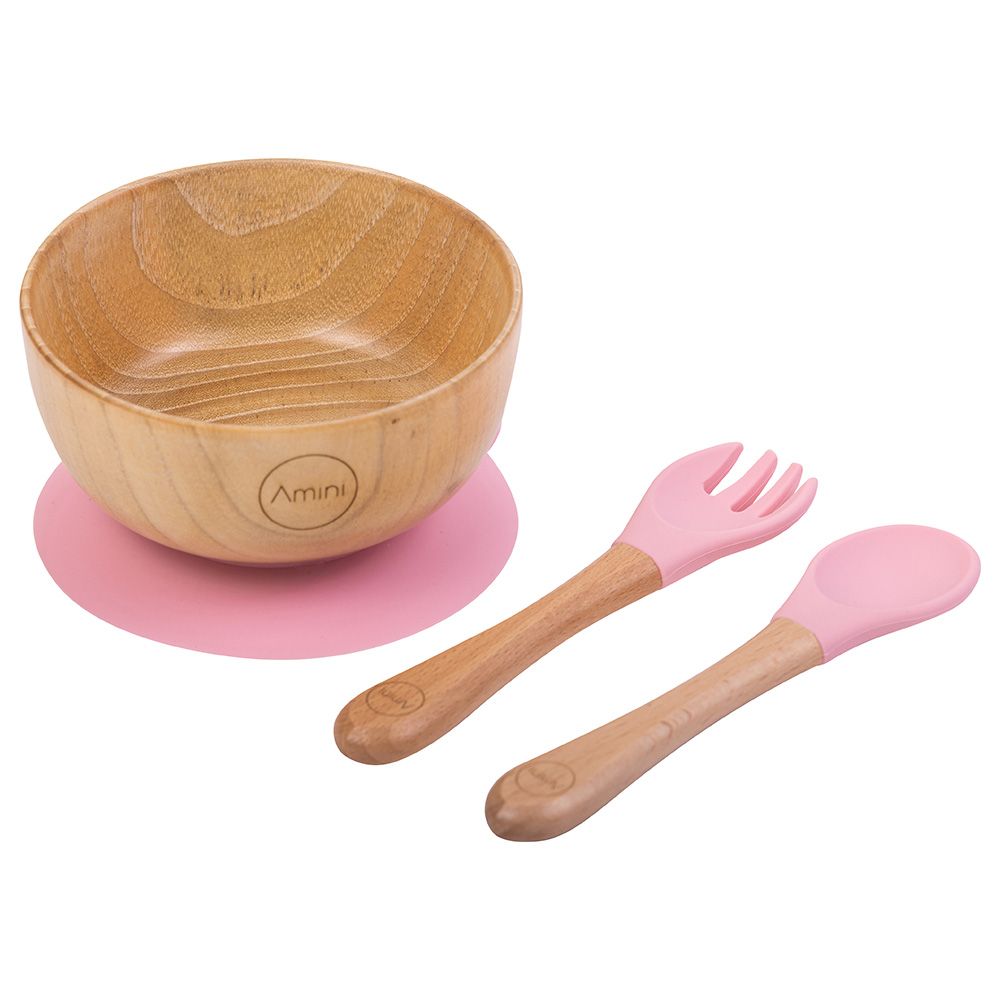 A'ish Home - Kids Amini Bamboo Bowl w/ Cutlery Set - Pink