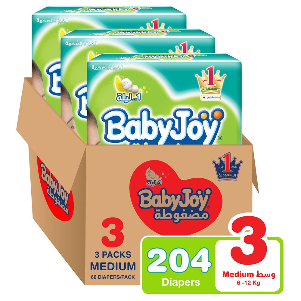 Babyjoy - Compressed Diamond Diapers - Mega Pack- Medium Size 3 - 6-12kg - Pack of 3 - 204 Pcs