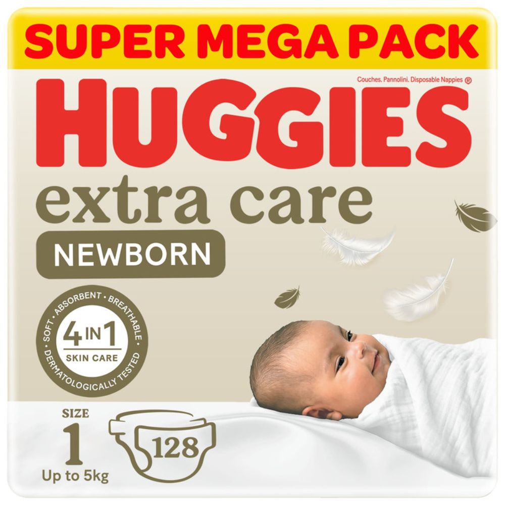 Huggies - Extra Care Newborn, Size 1, Up to 5 kg, Twin Jumbo Pack, 128 Diapers