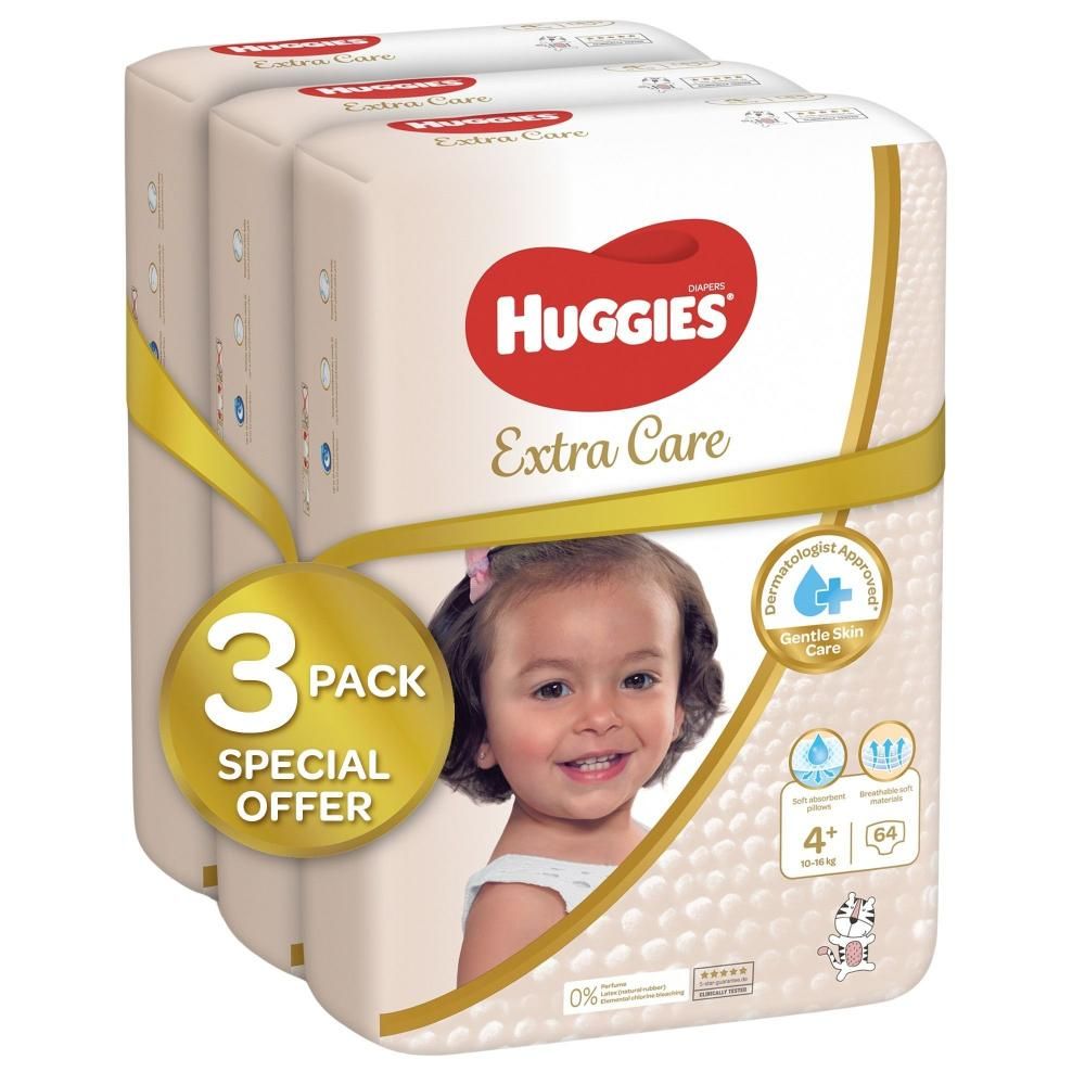 Huggies - Extra Care, Size 4+, 10 -16 kg, Super Mega Pack of 3 - 192 Diapers