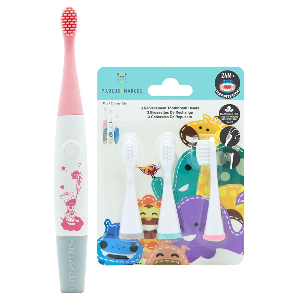 Marcus & Marcus - Sonic Electric Toothbrush w/ Silicone Head & 3 Nylon Heads - Pink