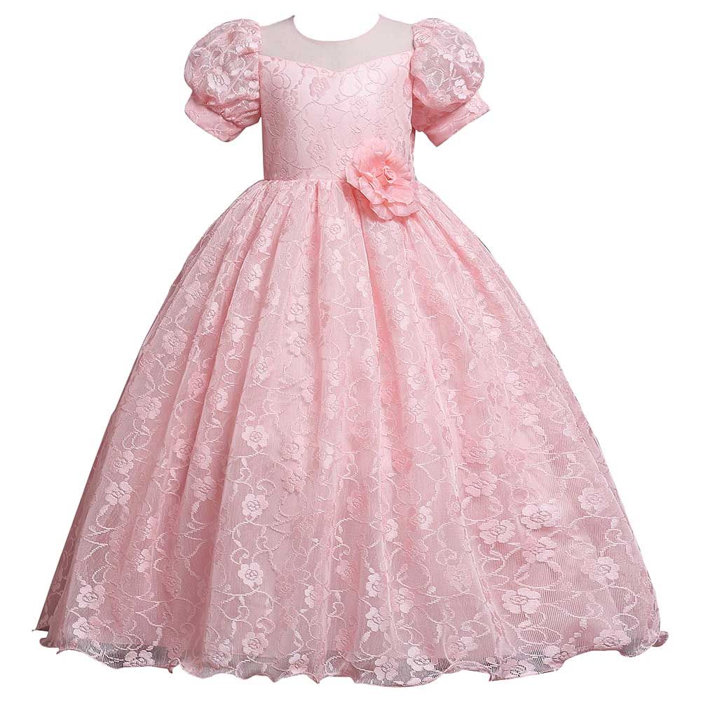 Sugar Rush - Laced Round Neck Long Party Dress - Pink