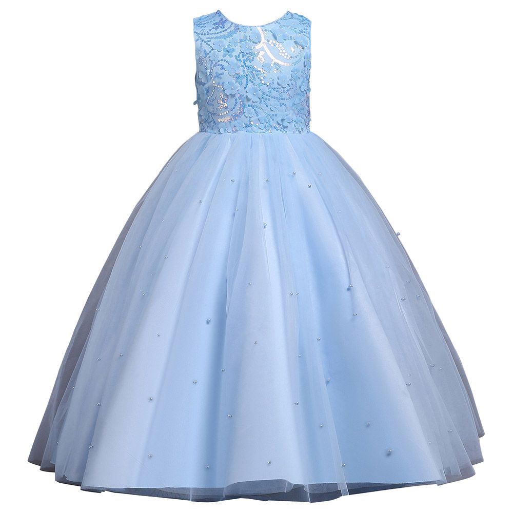 Sugar Rush - Appliqued Round Neck Party Dress - Blue