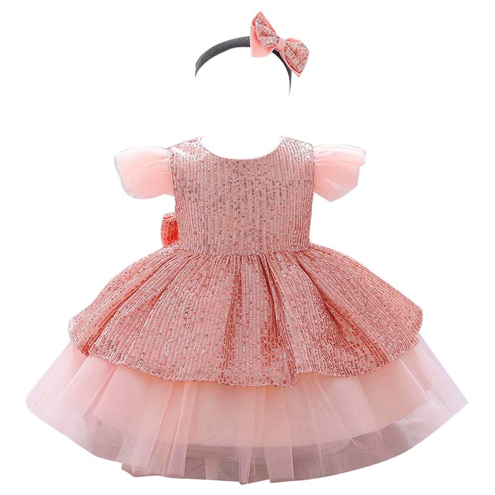 Sugar Rush - Appliqued Cap Sleeves Party Dress - Pink