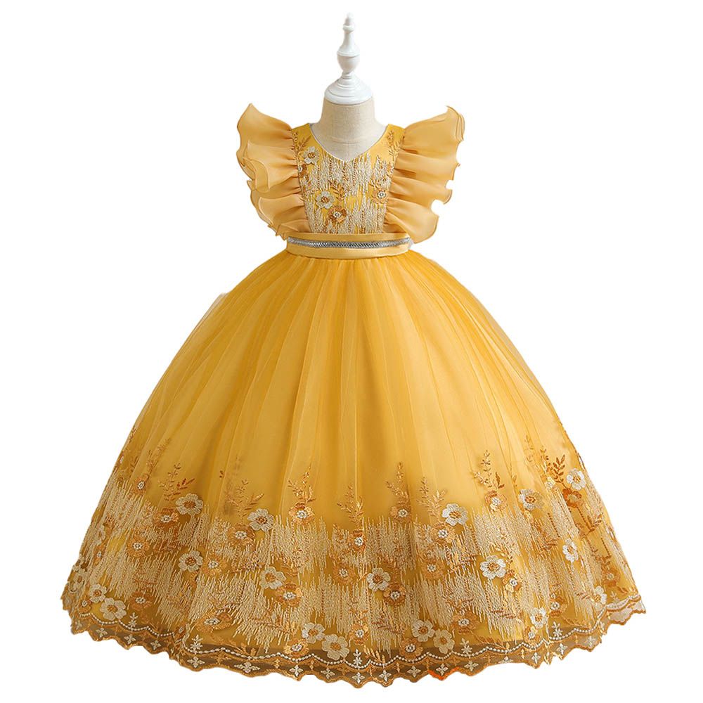 Sugar Rush - Embroidered Cap Sleeves Party Dress - Yellow