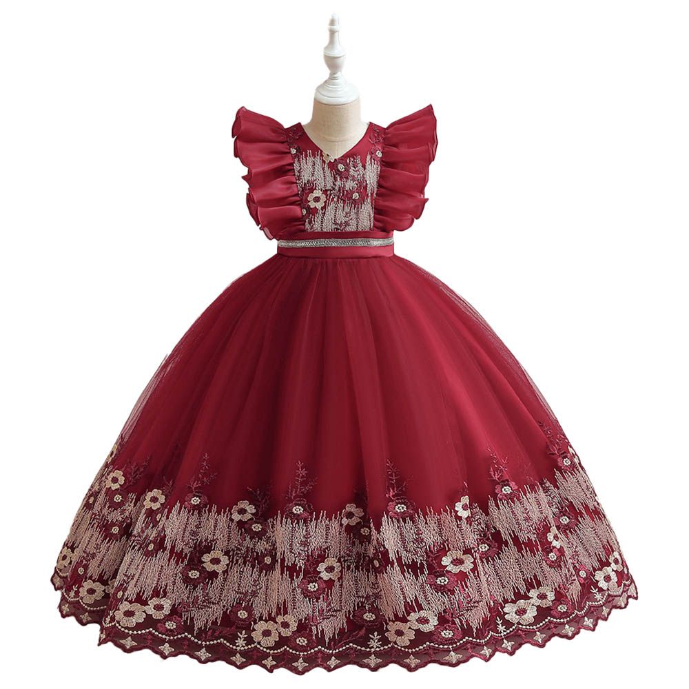 Sugar Rush - Embroidered Cap Sleeves Party Dress - Maroon