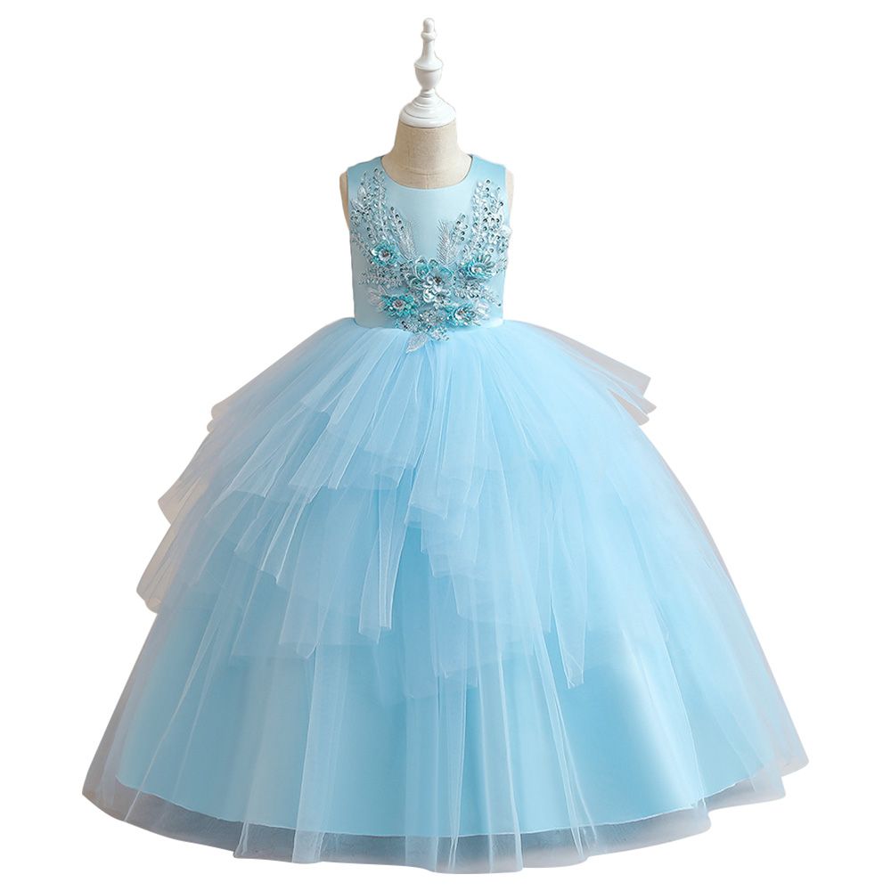 Sugar Rush - Appliqued Round Neck Party Dress - Blue