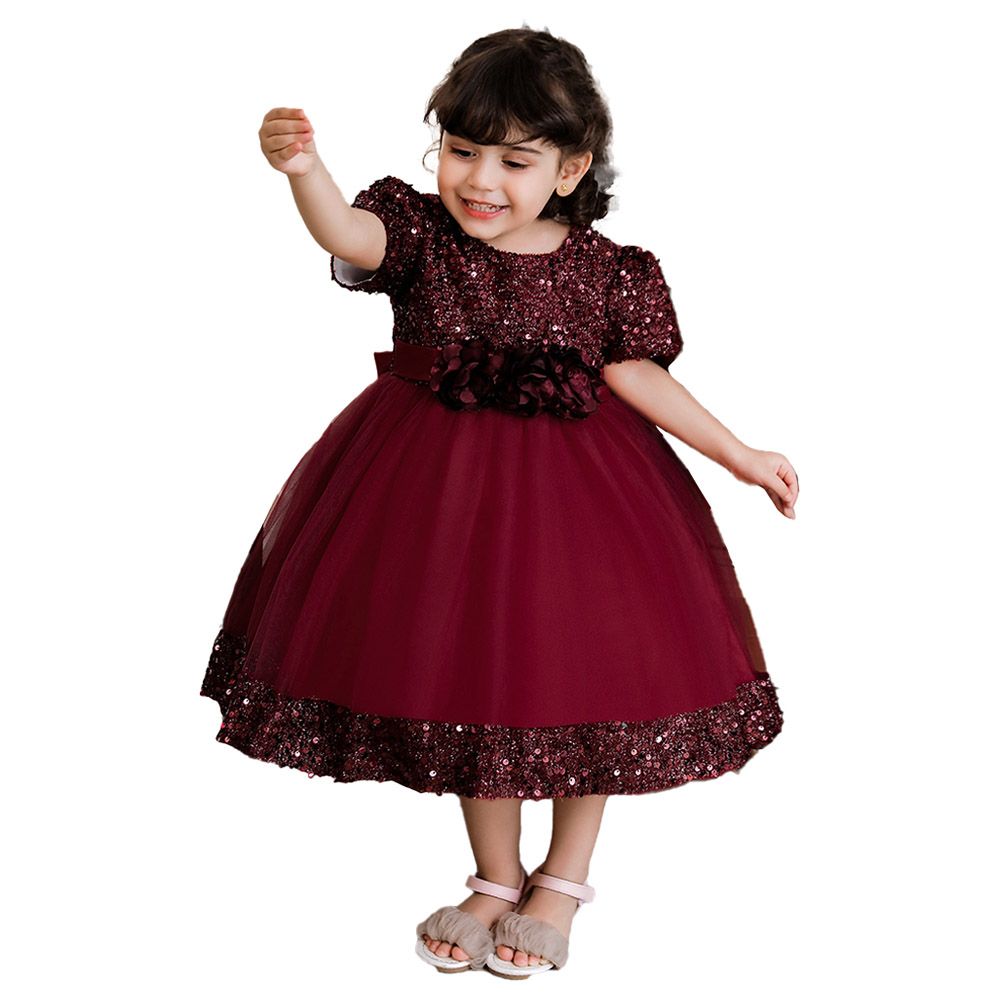 Sugar Rush - Appliqued Round Neck Party Dress - Maroon