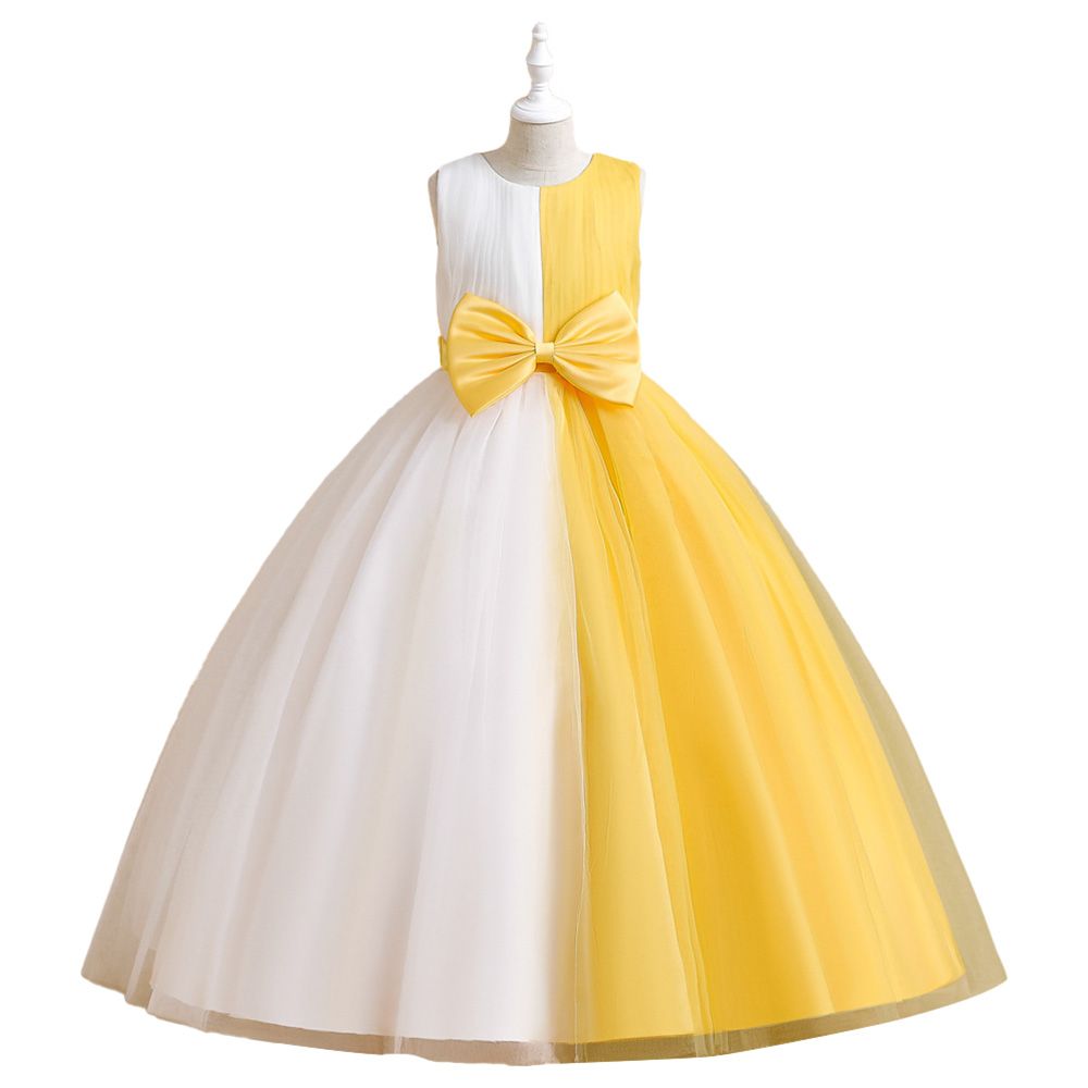 Sugar Rush - Appliqued Round Neck Party Dress - Yellow/White