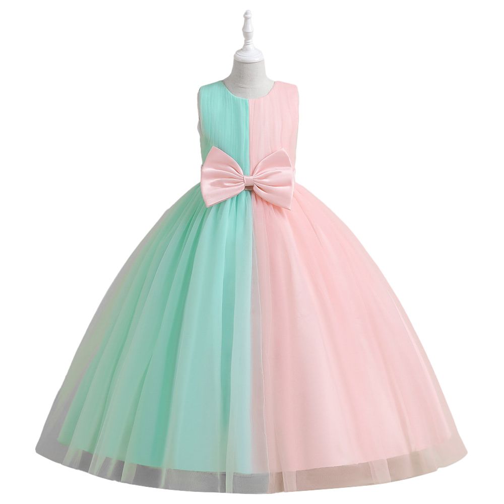 Sugar Rush - Appliqued Round Neck Party Dress - Green/Pink