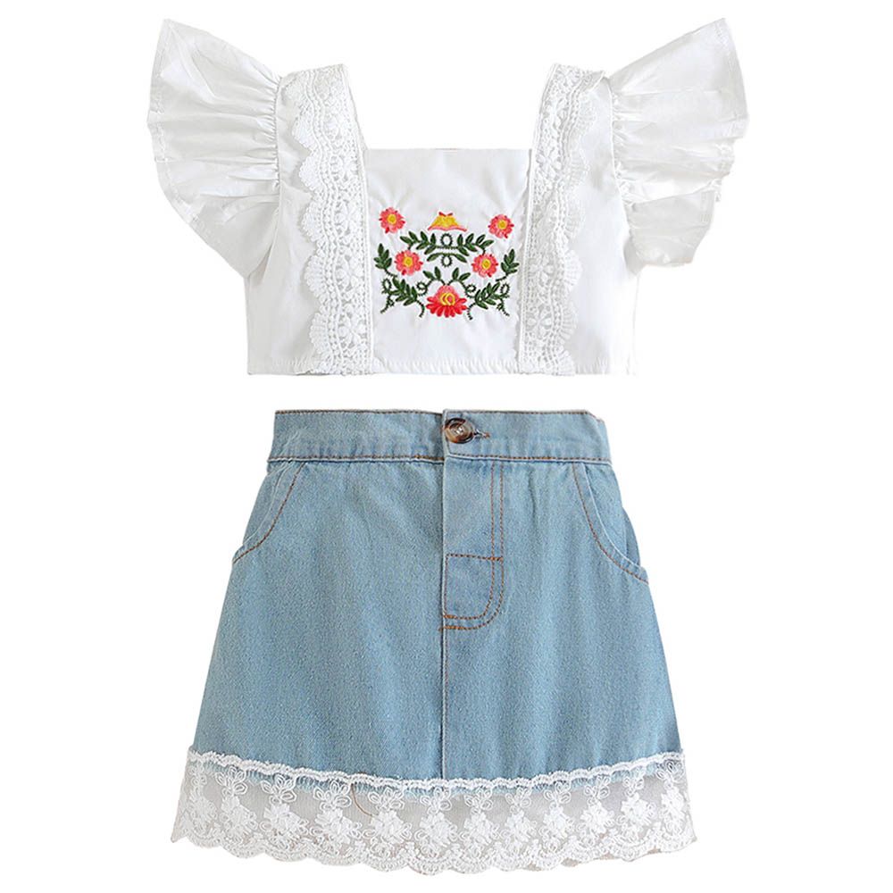 Sugar Rush - 2pc-Set - Printed Cap Sleeves Top & Skirt - White